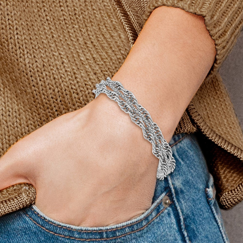 Sterling Silver Rhodium-plated Rope Link Fancy 7in Bracelet