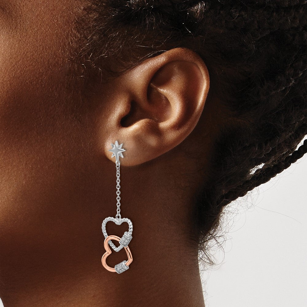 Sterling Silver Rhodium-plated Rose-tone CZ Hearts Dangle Post Earrings