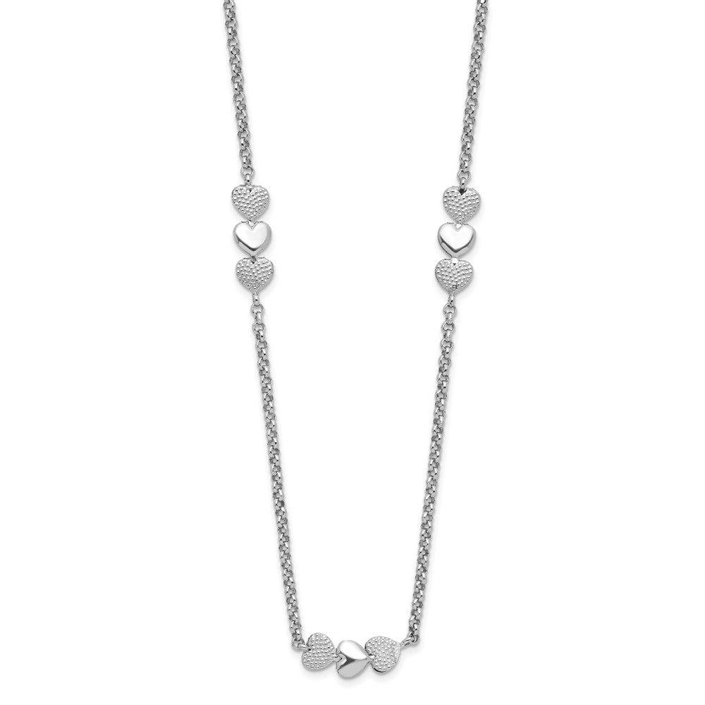 Sterling Silver Rhodium-plated Textured Heart Stations 24in Necklace