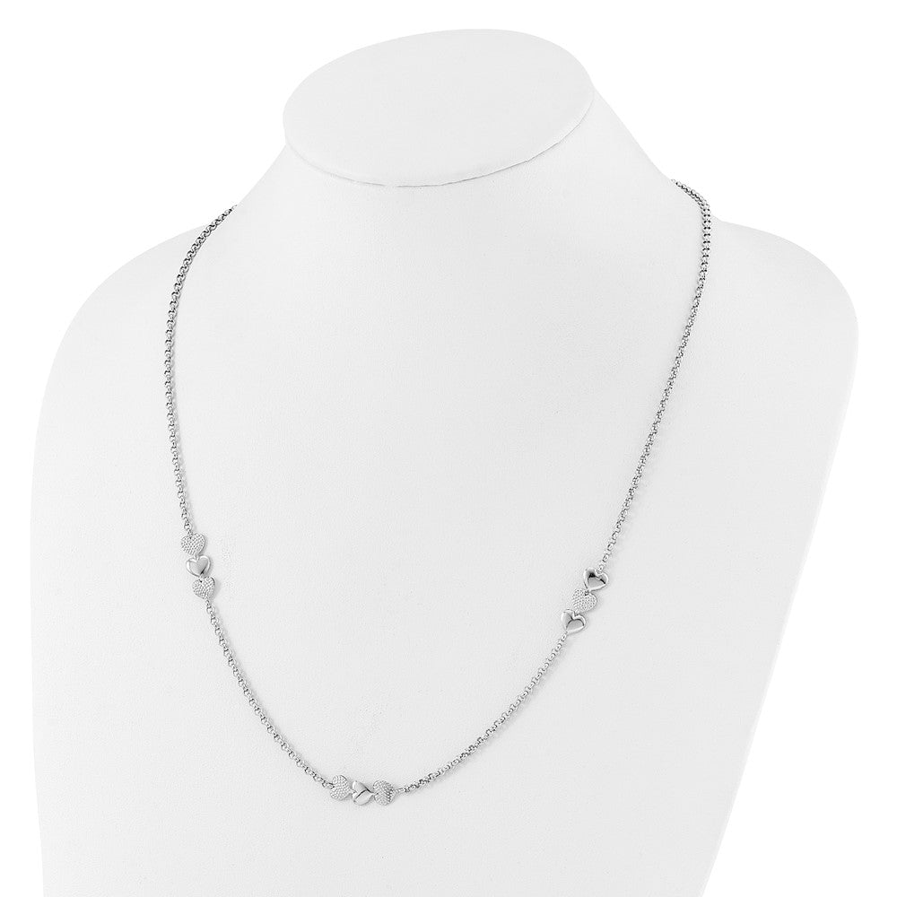 Sterling Silver Rhodium-plated Textured Heart Stations 24in Necklace