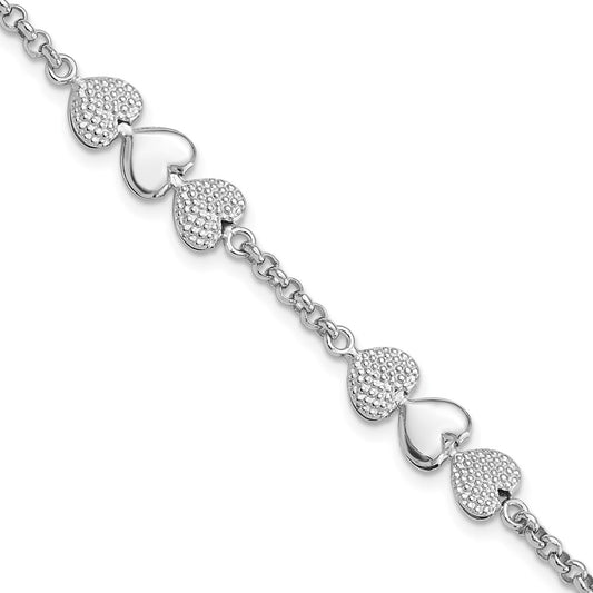 Sterling Silver Rhodium-plated Textured Hearts 7in w/1in ext. Bracelet