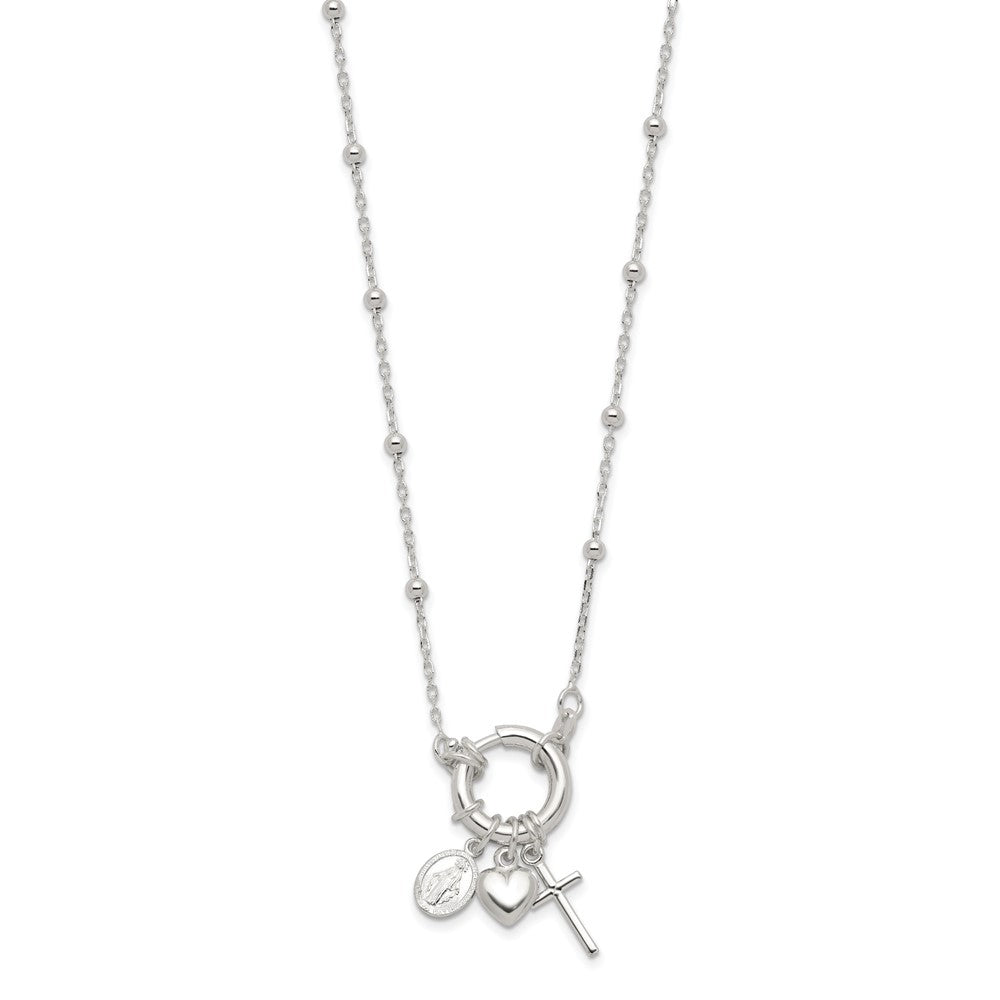 Sterling Silver Heart/Virgin Mary Medal/Cross Charm 18in Necklace