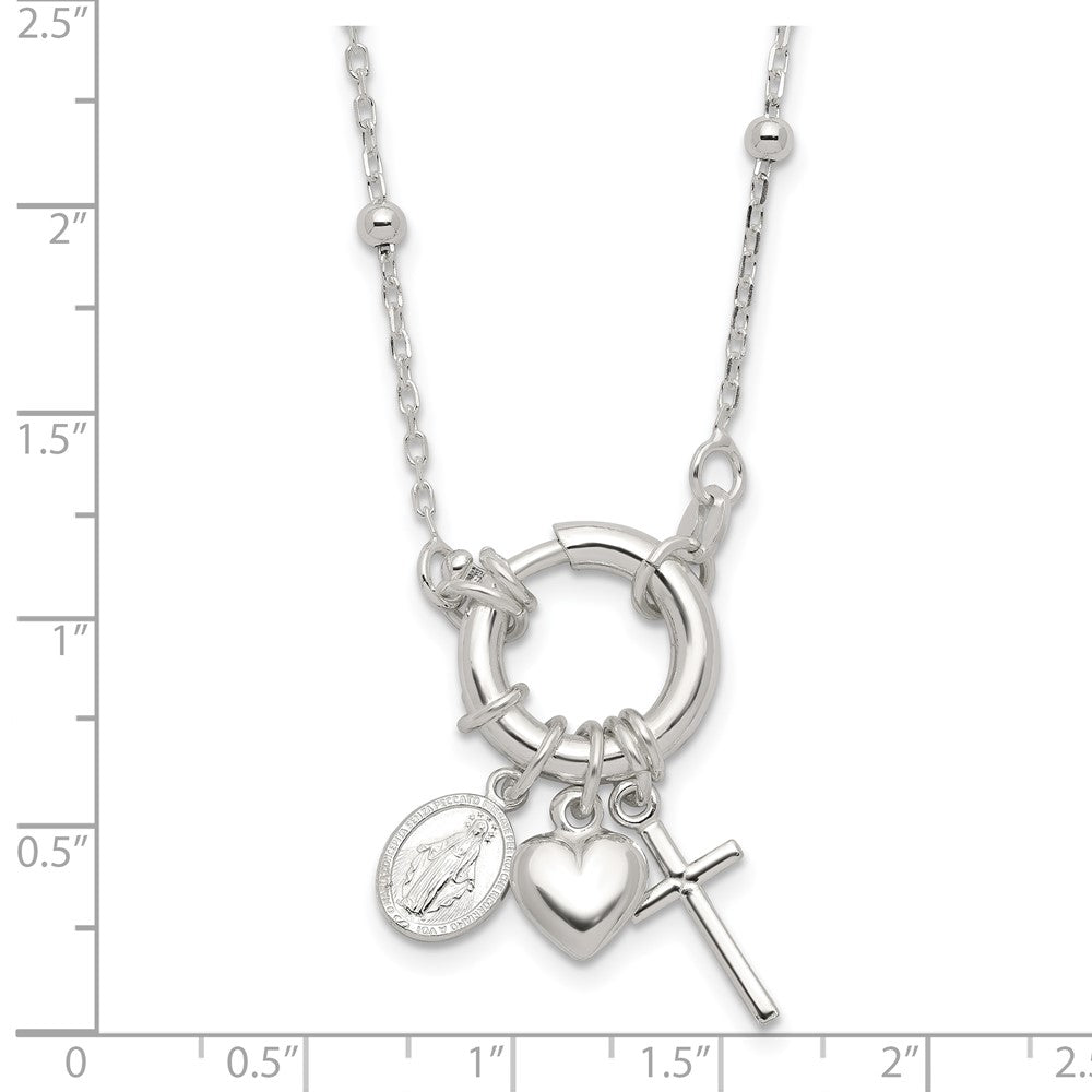 Sterling Silver Heart/Virgin Mary Medal/Cross Charm 18in Necklace