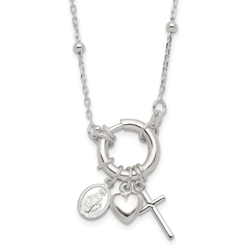 Sterling Silver Heart/Virgin Mary Medal/Cross Charm 18in Necklace