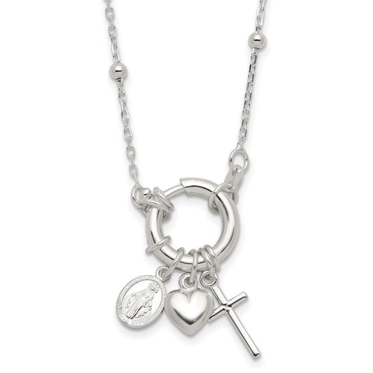 Sterling Silver Heart/Virgin Mary Medal/Cross Charm 18in Necklace