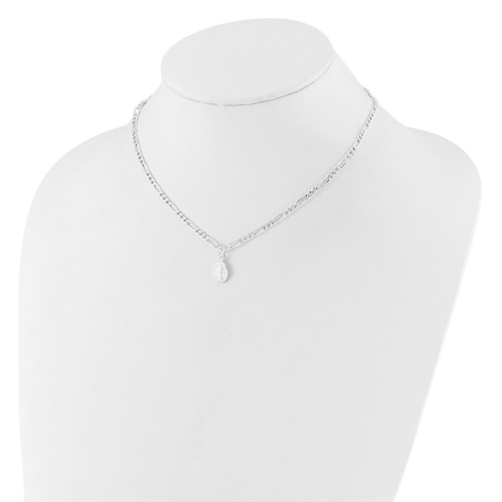 Sterling Silver RH-plated Virgin Mary Medal Link 16in w/2in ext. Necklace