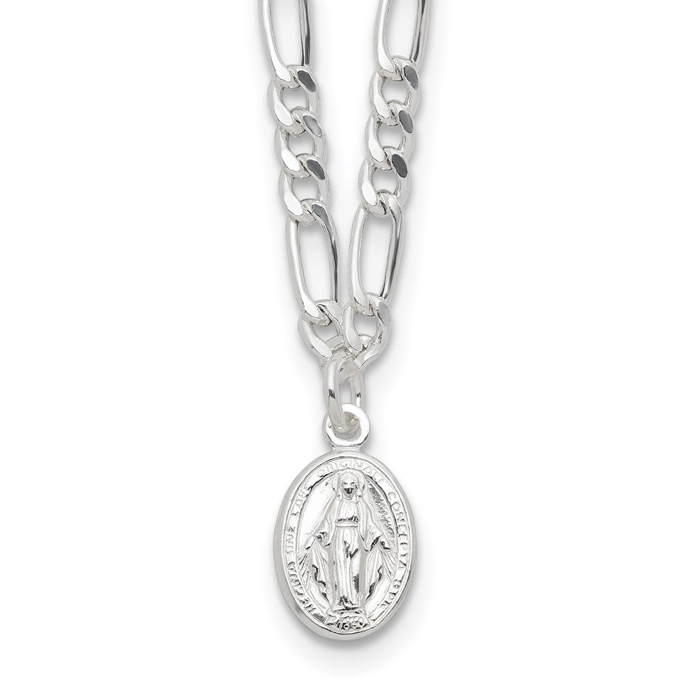 Sterling Silver RH-plated Virgin Mary Medal Link 16in w/2in ext. Necklace