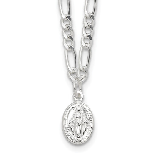 Sterling Silver RH-plated Virgin Mary Medal Link 16in w/2in ext. Necklace