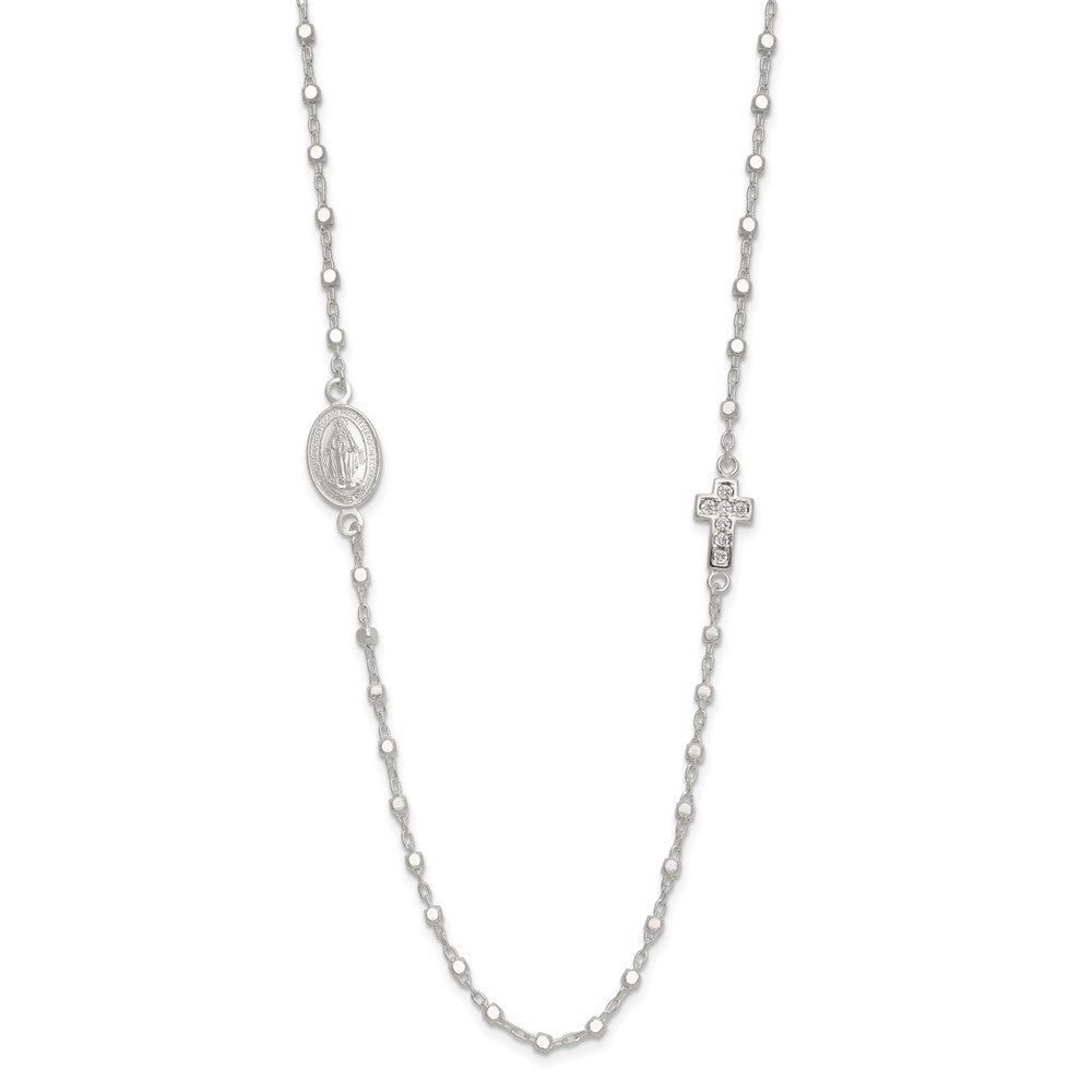 Sterling Silver Polished with CZ Cross and Virgin Mary Medal 18in Necklace