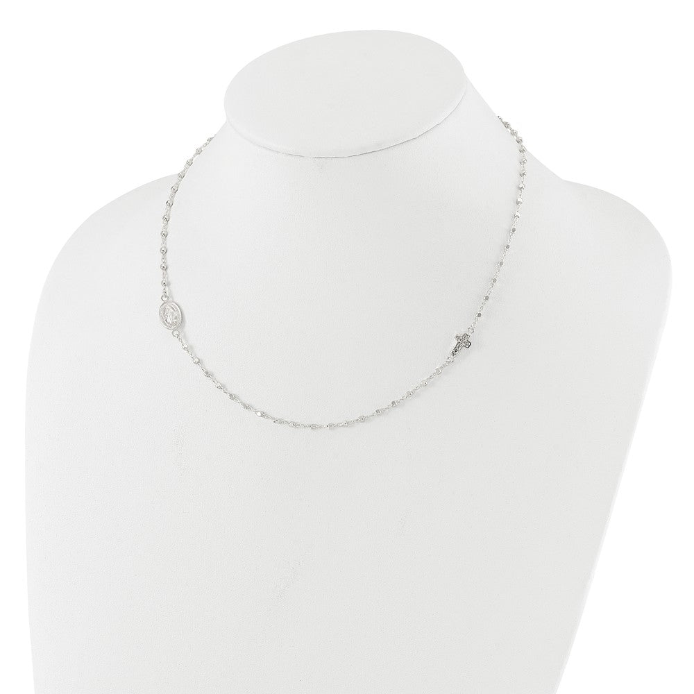 Sterling Silver Polished with CZ Cross and Virgin Mary Medal 18in Necklace