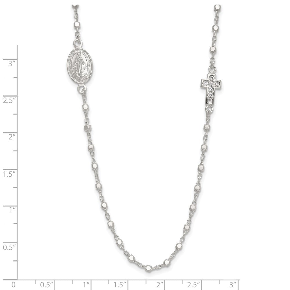 Sterling Silver Polished with CZ Cross and Virgin Mary Medal 18in Necklace
