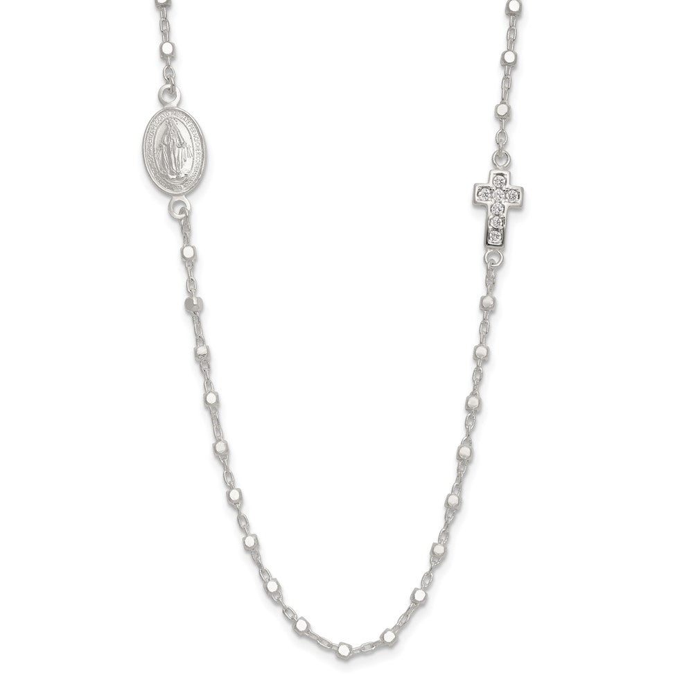 Sterling Silver Polished with CZ Cross and Virgin Mary Medal 18in Necklace