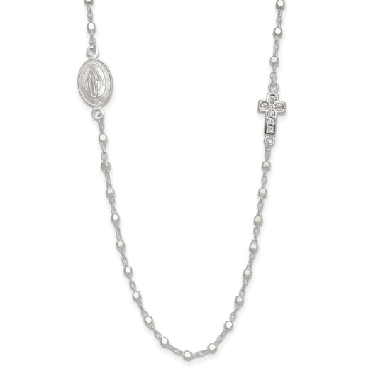 Sterling Silver Polished with CZ Cross and Virgin Mary Medal 18in Necklace