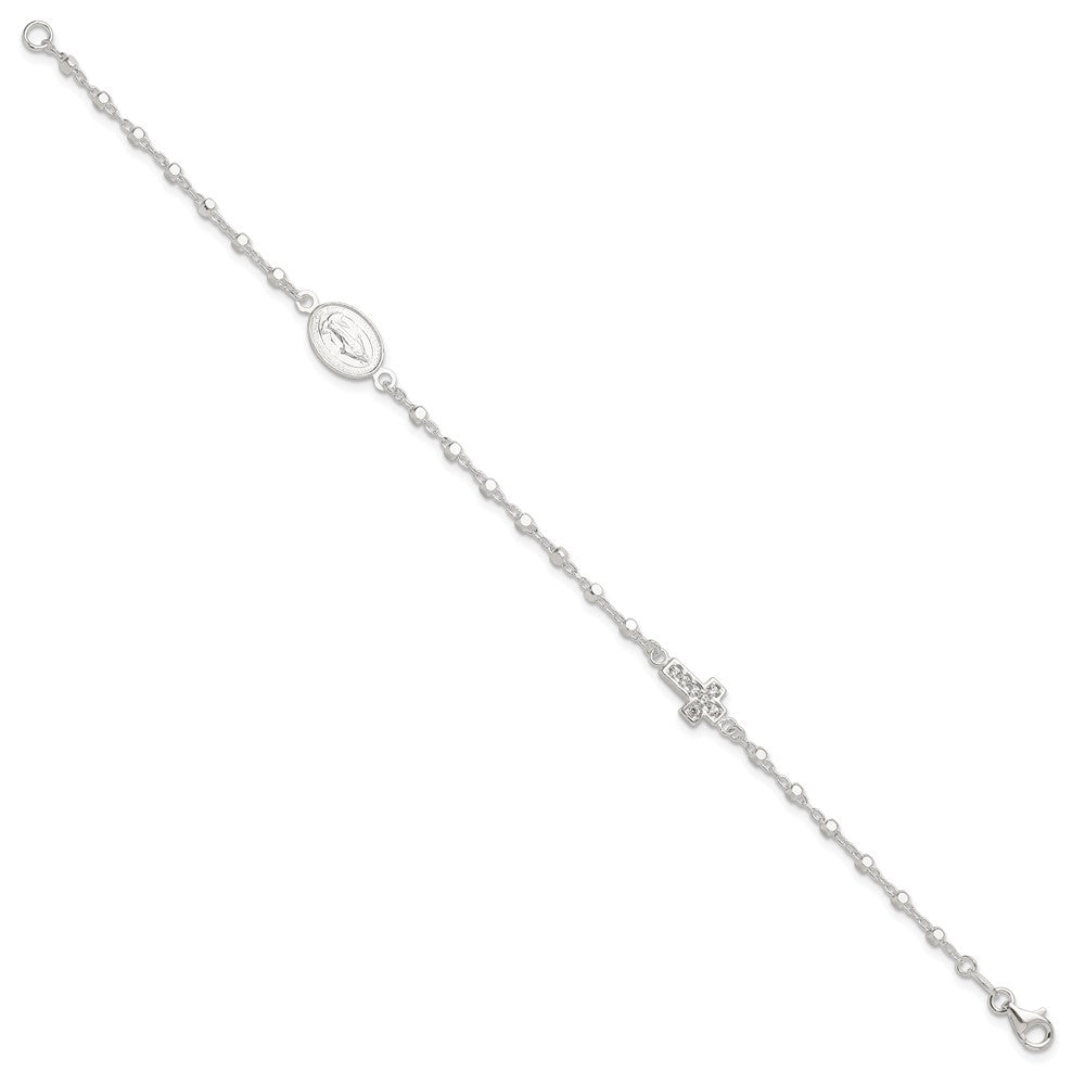 Sterling Silver Polished with CZ Cross and Virgin Mary Medal 7.5in Bracelet
