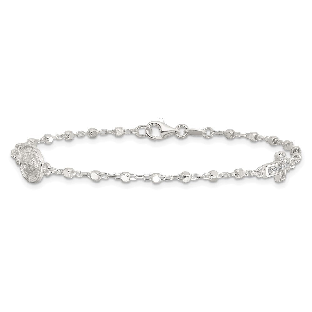 Sterling Silver Polished with CZ Cross and Virgin Mary Medal 7.5in Bracelet