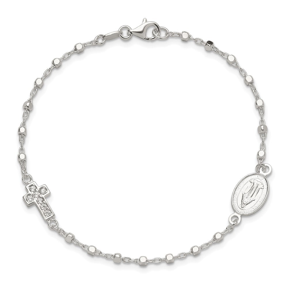 Sterling Silver Polished with CZ Cross and Virgin Mary Medal 7.5in Bracelet