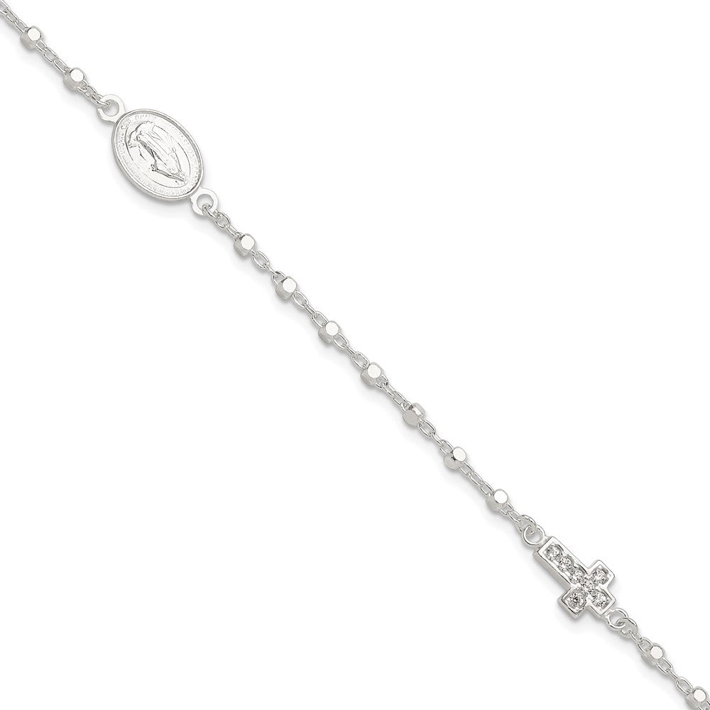 Sterling Silver Polished with CZ Cross and Virgin Mary Medal 7.5in Bracelet