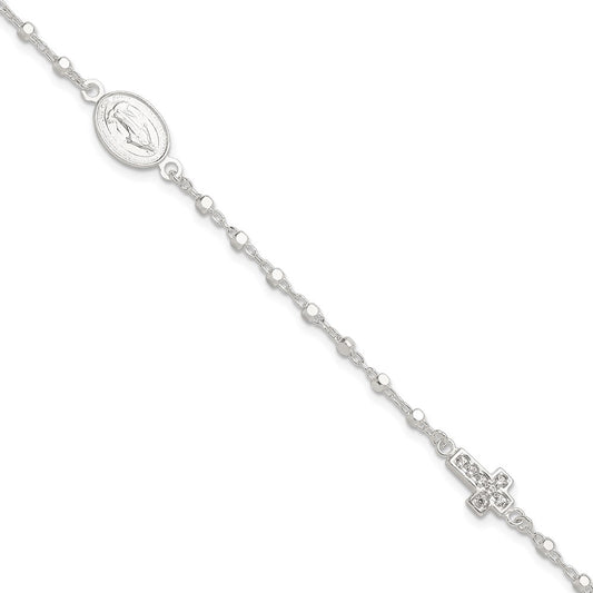 Sterling Silver Polished with CZ Cross and Virgin Mary Medal 7.5in Bracelet