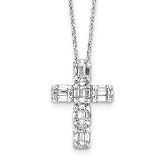 Sterling Silver Rhodium-plated Baguette CZ Cross 18in Necklace