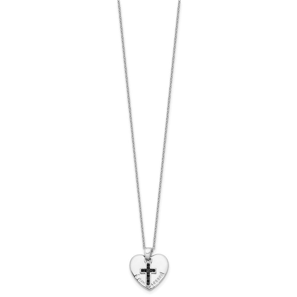 Sterling Silver Rhodium-plated Black Spinel Cross w/Heart 18in Necklace