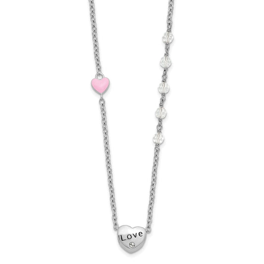 Sterling Silver Rh-plated Crystal and Enamel LOVE w/1in ext Necklace