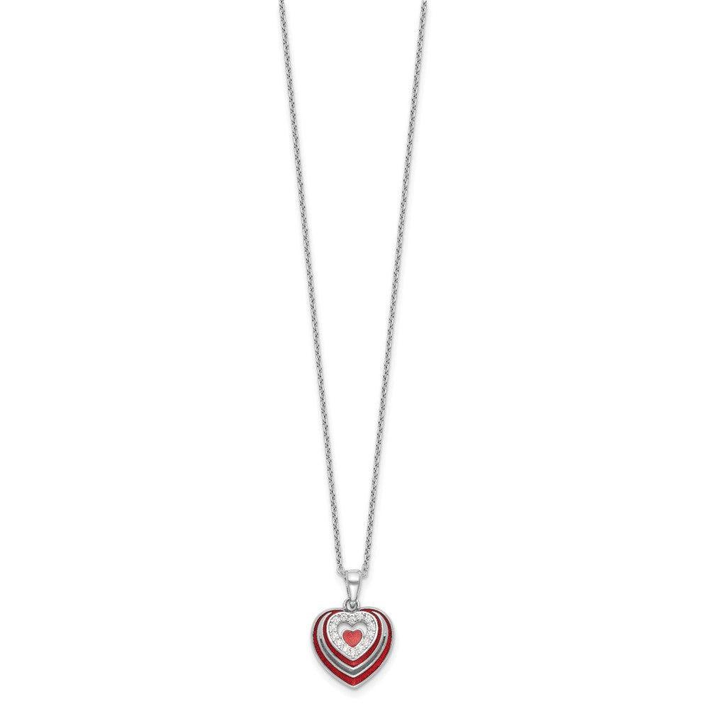 Sterling Silver Rh-plated CZ and Red Enamel Heart w 1/in. ext Necklace