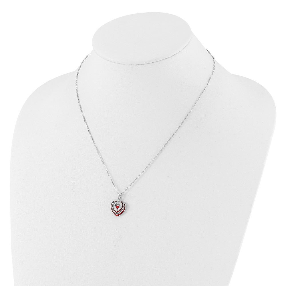 Sterling Silver Rh-plated CZ and Red Enamel Heart w 1/in. ext Necklace