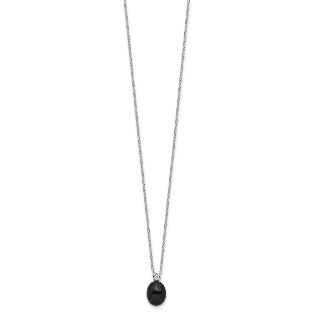 Sterling Silver Rh-plated Onyx and .05WT White Topaz w/2in ext Necklace