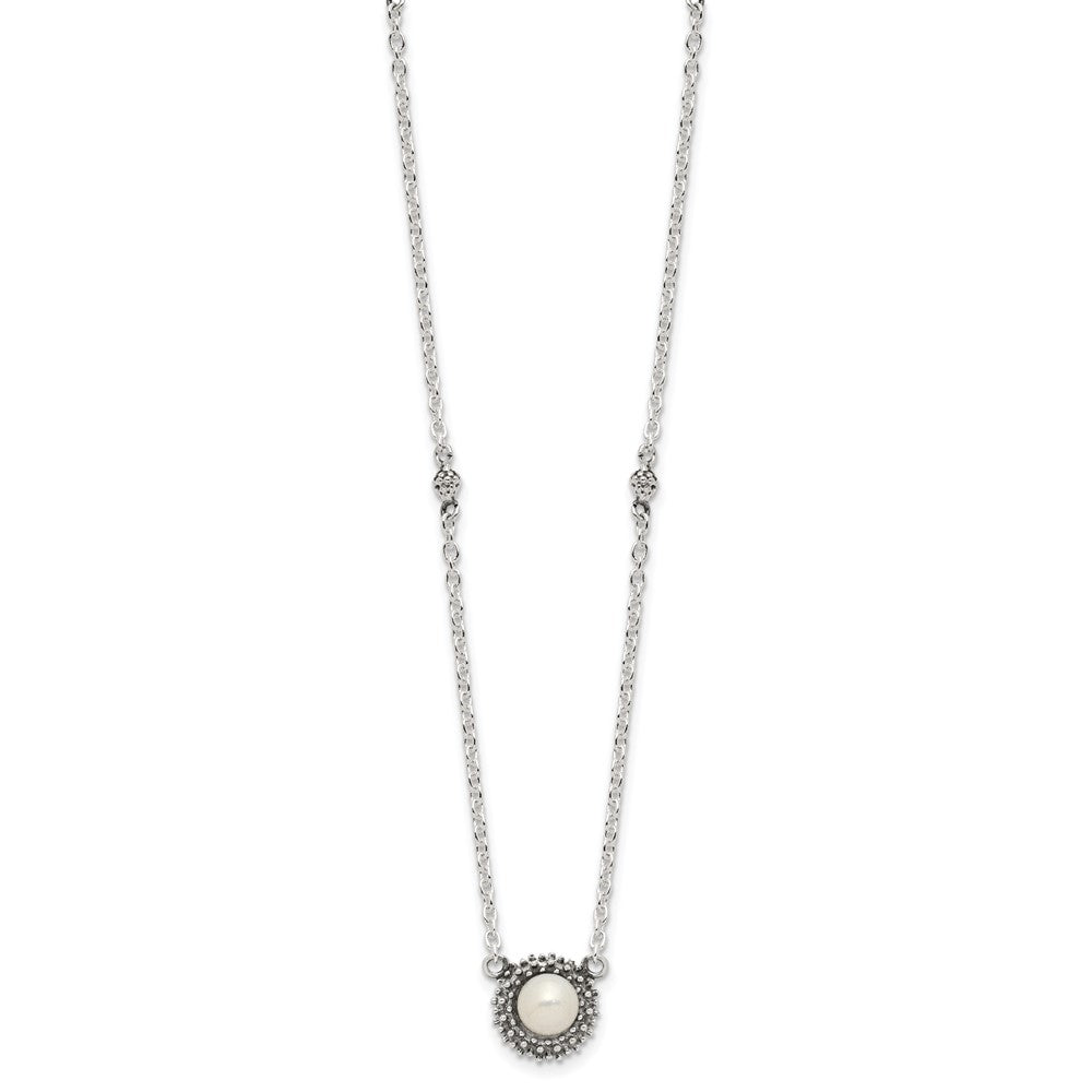 Sterling Silver Polished and Antiqued Syn. Pearl 13.5in Choker Necklace