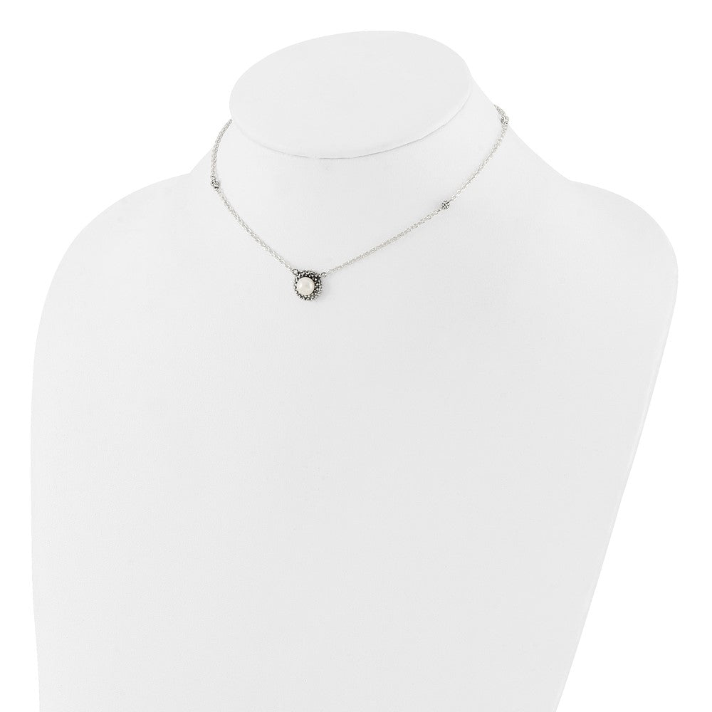 Sterling Silver Polished and Antiqued Syn. Pearl 13.5in Choker Necklace