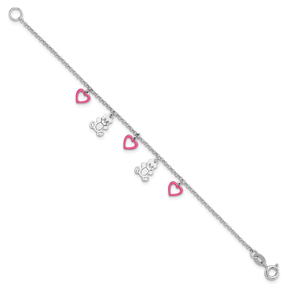 Sterling Silver Rhod-pltd Pink Enamel Hearts/Bears Children's 6in Bracelet