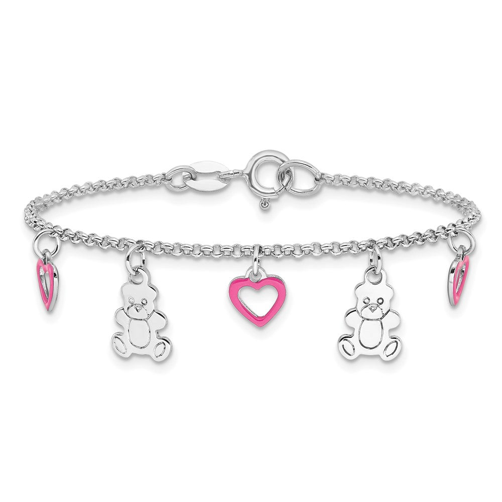 Sterling Silver Rhod-pltd Pink Enamel Hearts/Bears Children's 6in Bracelet