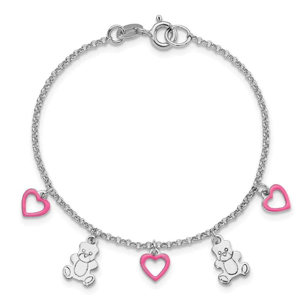 Sterling Silver Rhod-pltd Pink Enamel Hearts/Bears Children's 6in Bracelet