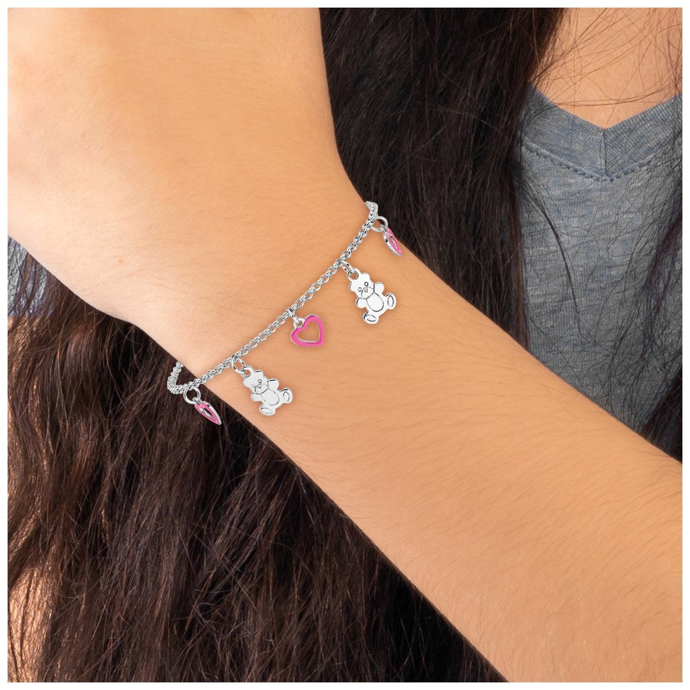 Sterling Silver Rhod-pltd Pink Enamel Hearts/Bears Children's 6in Bracelet