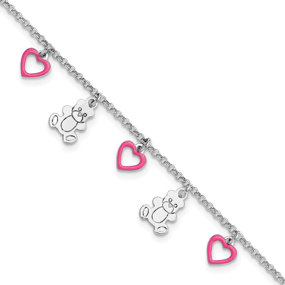 Sterling Silver Rhod-pltd Pink Enamel Hearts/Bears Children's 6in Bracelet