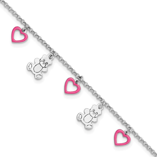 Sterling Silver Rhod-pltd Pink Enamel Hearts/Bears Children's 6in Bracelet