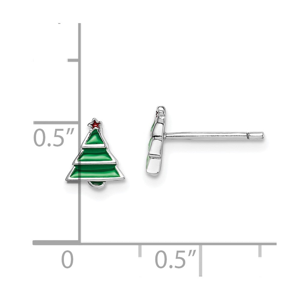 Sterling Silver Madi K Rhodium-plated Polished Green & Red Enameled Christmas Tree Children's Post Earrings
