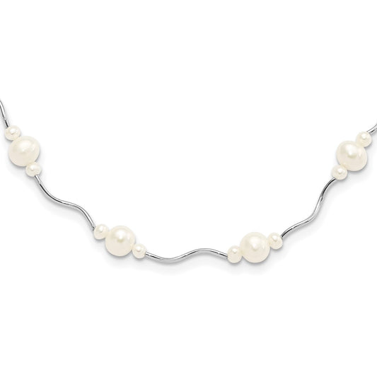 Sterling Silver Rhodium-plated 3-7mm White Near-Round Freshwater Cultured Pearl 13-Station 16 inch with 2.5 inch Extension Necklace