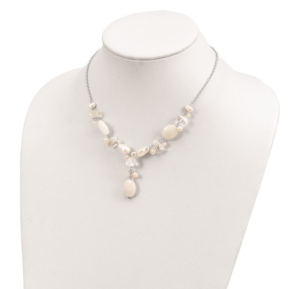 Sterling Silver Moonstone/FWC Pearl/Rock Qtz/White Jade Necklace