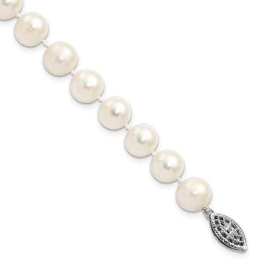 Sterling Silver Rhodium-plated 8-9mm White Near-Round Freshwater Cultured Pearl 7.25 inch Bracelet