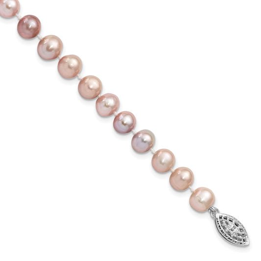 Sterling Silver Rhodium-plated 6-7mm Purple Near-Round Freshwater Cultured Pearl 7.25 inch Bracelet
