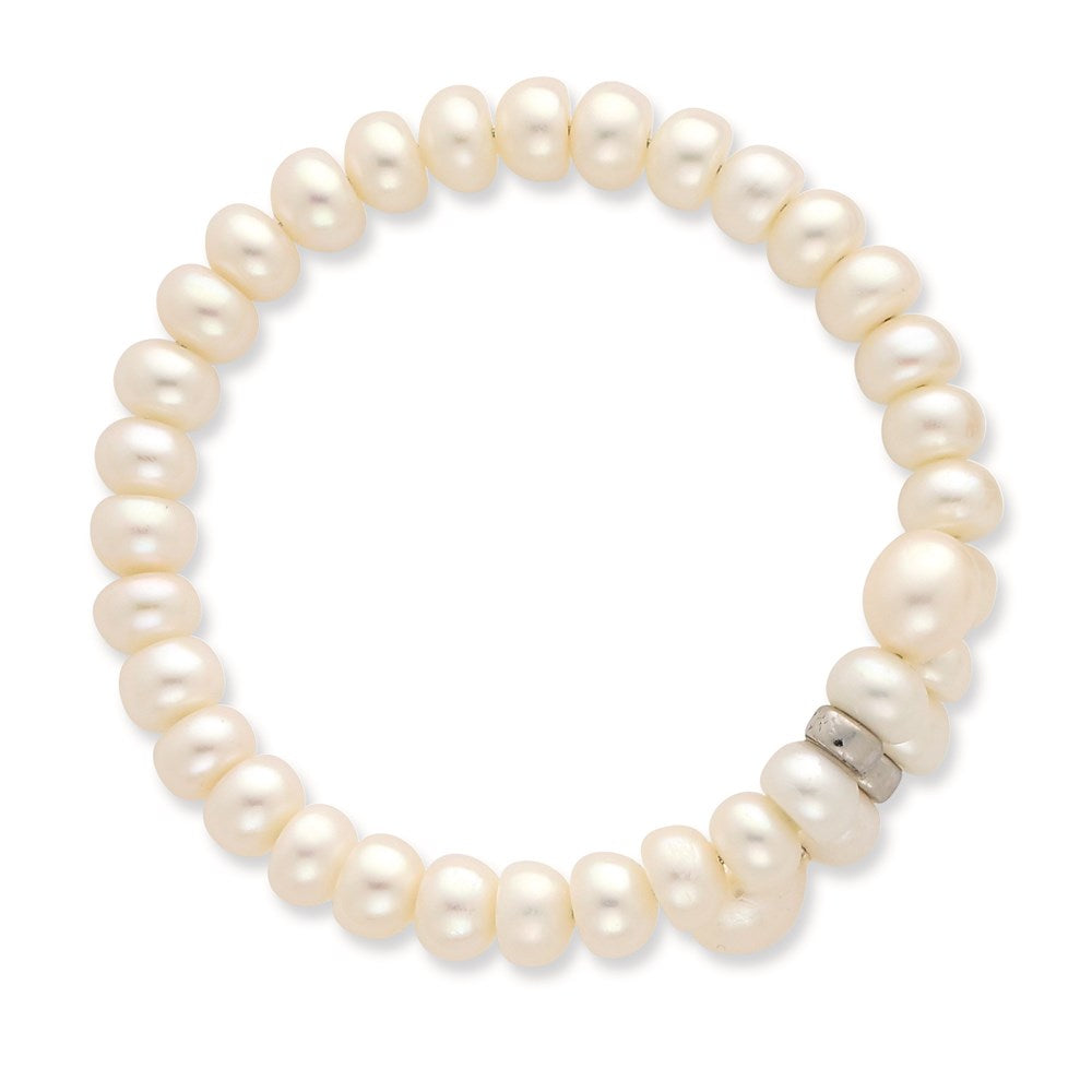 Sterling Silver Rhodium-plated 6-8mm White Button and Rice Freshwater Cultured Pearl Flexible 7.5 inch Bracelet
