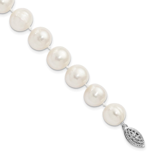 Sterling Silver Rhodium-plated 10-11mm White Near-Round Freshwater Cultured Pearl 8.25 inch Bracelet