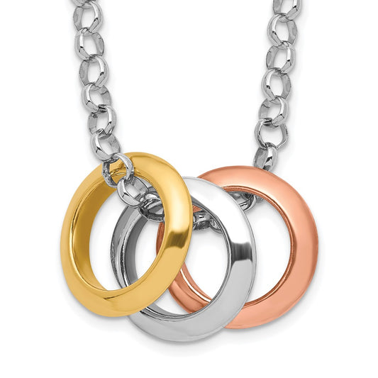 Sterling Silver Rhodium, Rose and Gold-plated 3-Circle Necklace