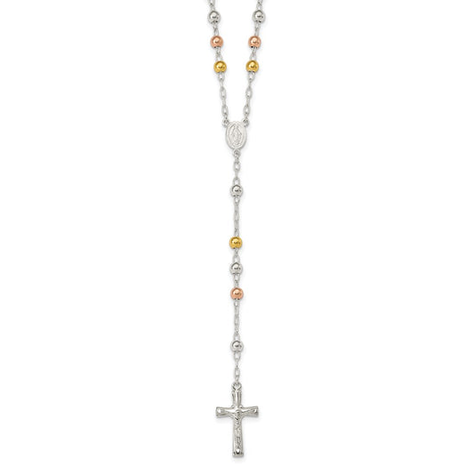 Sterling Silver Polished Rosary Tri-color Beads Necklace