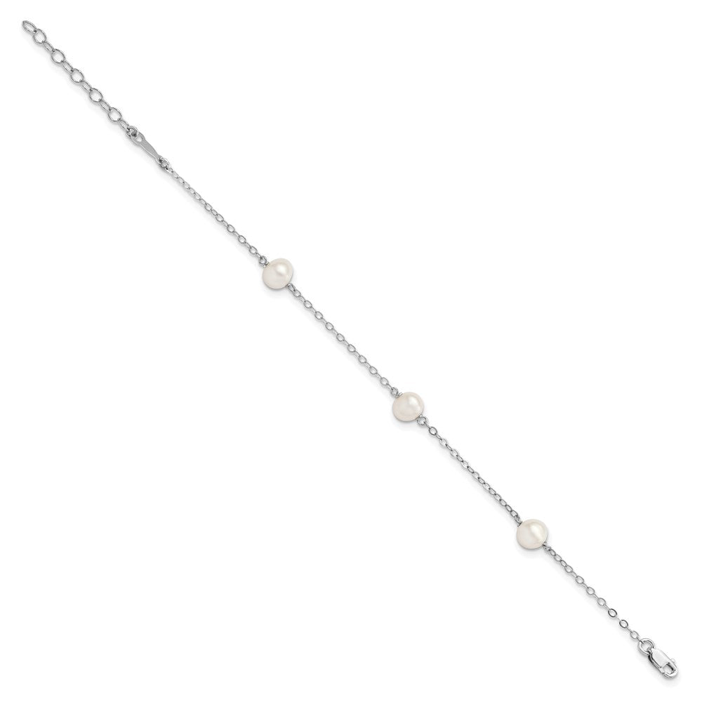 Sterling Silver Rhodium-plated 5-6mm White Freshwater Cultured Pearl 3-Stations 7.5 inch Bracelet