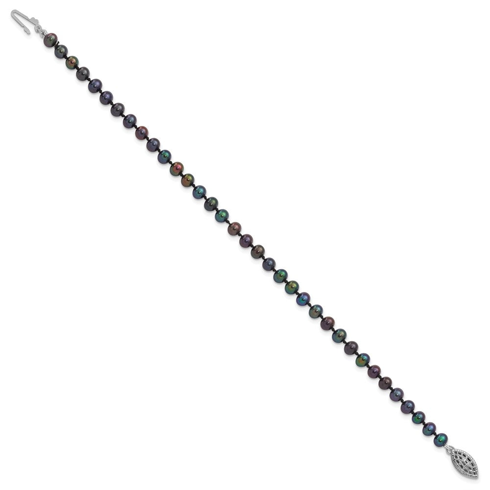 Sterling Silver Rhodium-plated 4-5mm Black Near-Round Freshwater Cultured Pearl 7.25 inch Bracelet