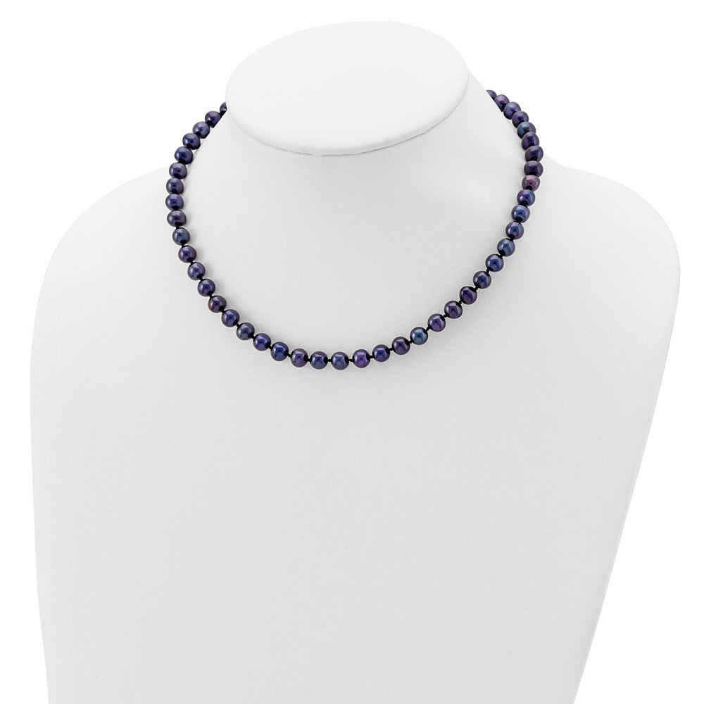 Sterling Silver Rhodium-plated 6-7mm Black Near-Round Freshwater Cultured Pearl 16 inch Necklace