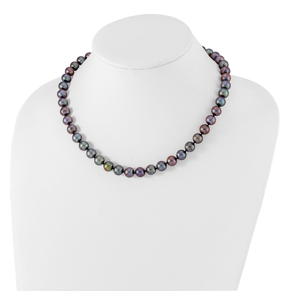 Sterling Silver Rhodium-plated 9-10mm Black Near-Round Freshwater Cultured Pearl 20 inch Necklace