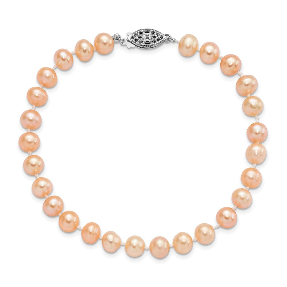 Sterling Silver Rhodium-plated 6-7mm Pink Near-Round Freshwater Cultured Pearl 7.25 inch Bracelet